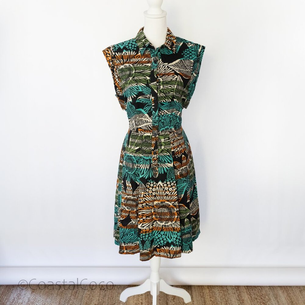 East5th Tropical Floral Dress size 10 Button Front Tie Back Midi Vacation Safari